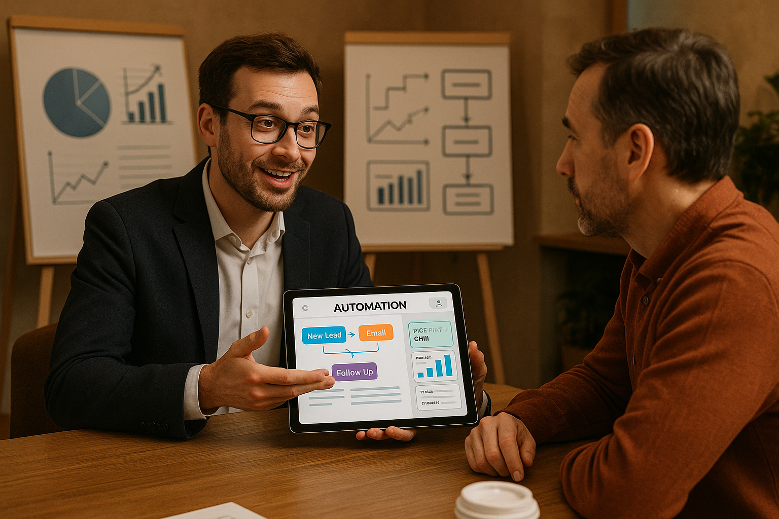 Two men discuss automation in ASC Consulting's office. One holds a tablet with charts. Background has presentation boards with graphs. Mood is collaborative.