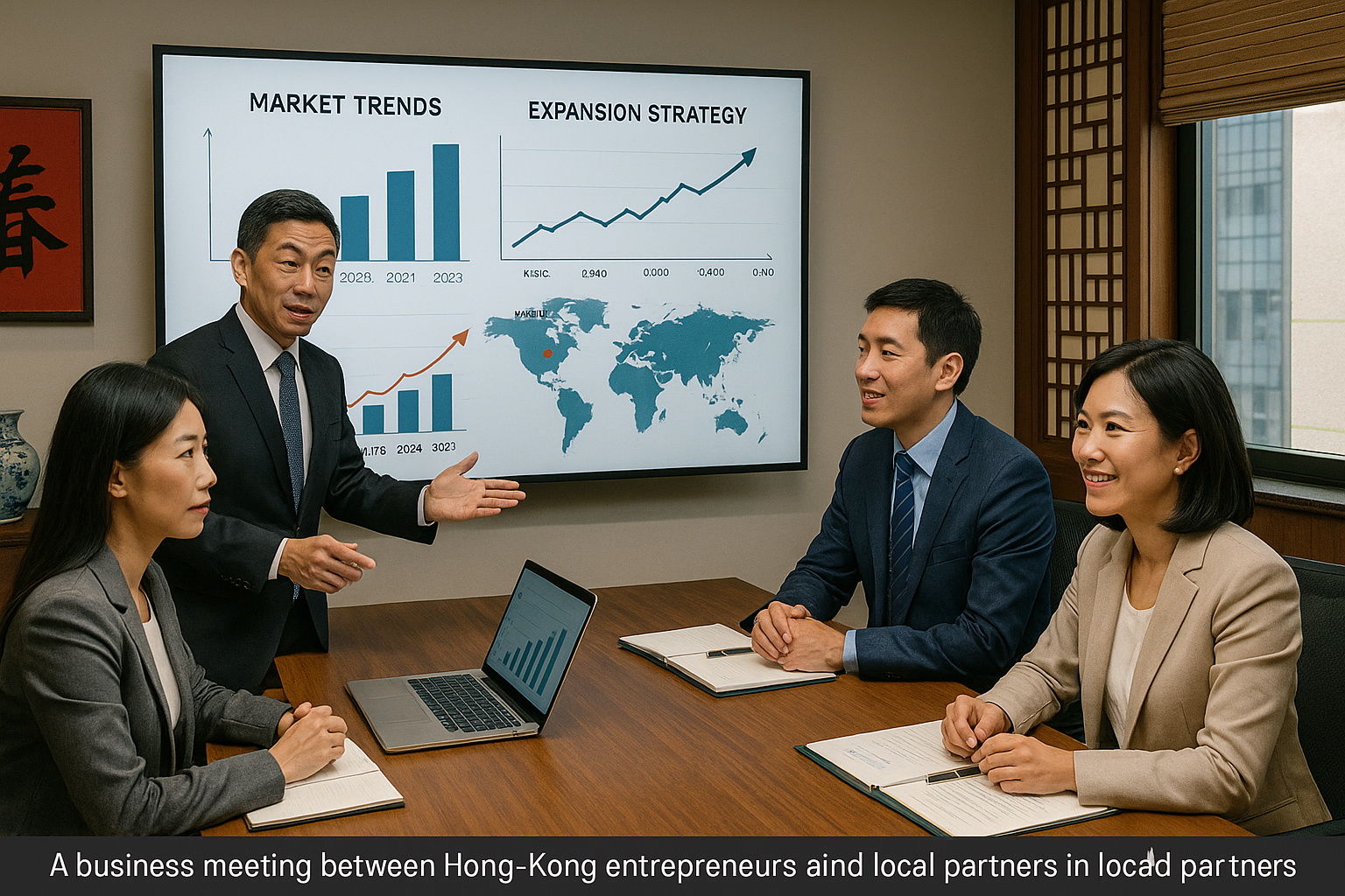 Business meeting with four people discussing market trends and expansion strategy charts on screen in an office setting.