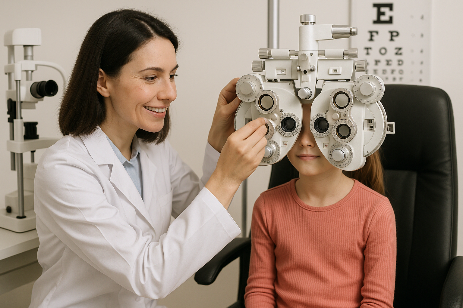 Une orthoptiste mesurant la vision d'une enfant