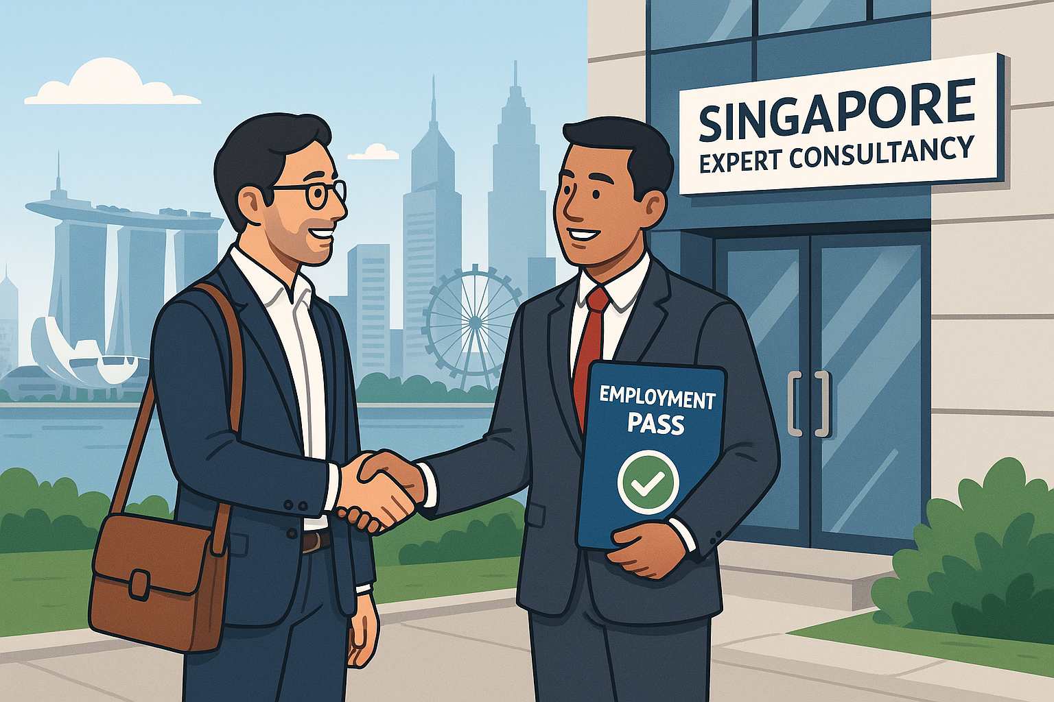 Two men shaking hands outside "Singapore Expert Consultancy." One holds an "Employment Pass." Skyline in the background, sky is blue. ASC Consulting Limited will support your Singapore incorporation business
