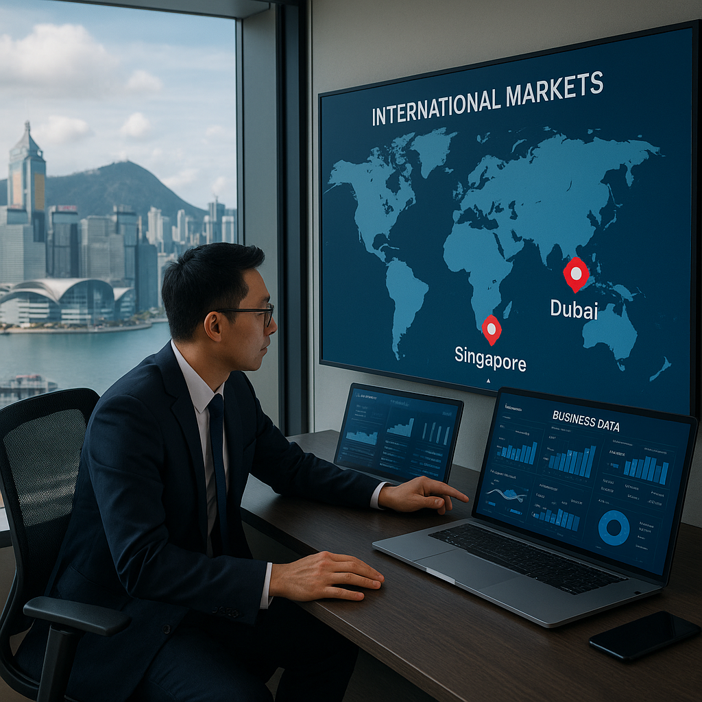 Man in office gazing at screen with world map labeled "International Markets." Laptops show business data. Cityscape visible outside.