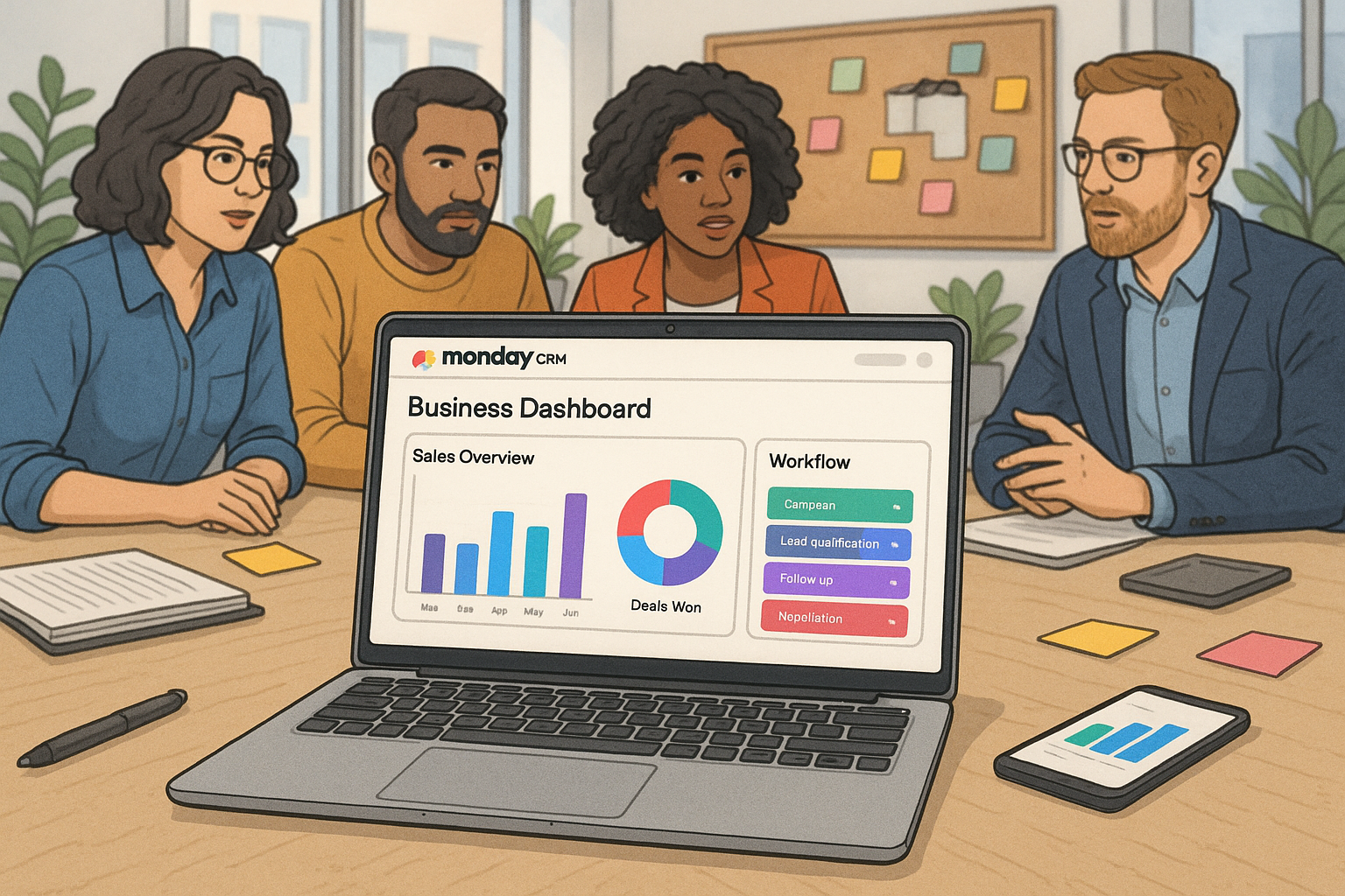 Four people at ASC Consulting Limited discuss a business dashboard on a laptop showing sales data. Colorful sticky notes and a phone with charts are on the table.