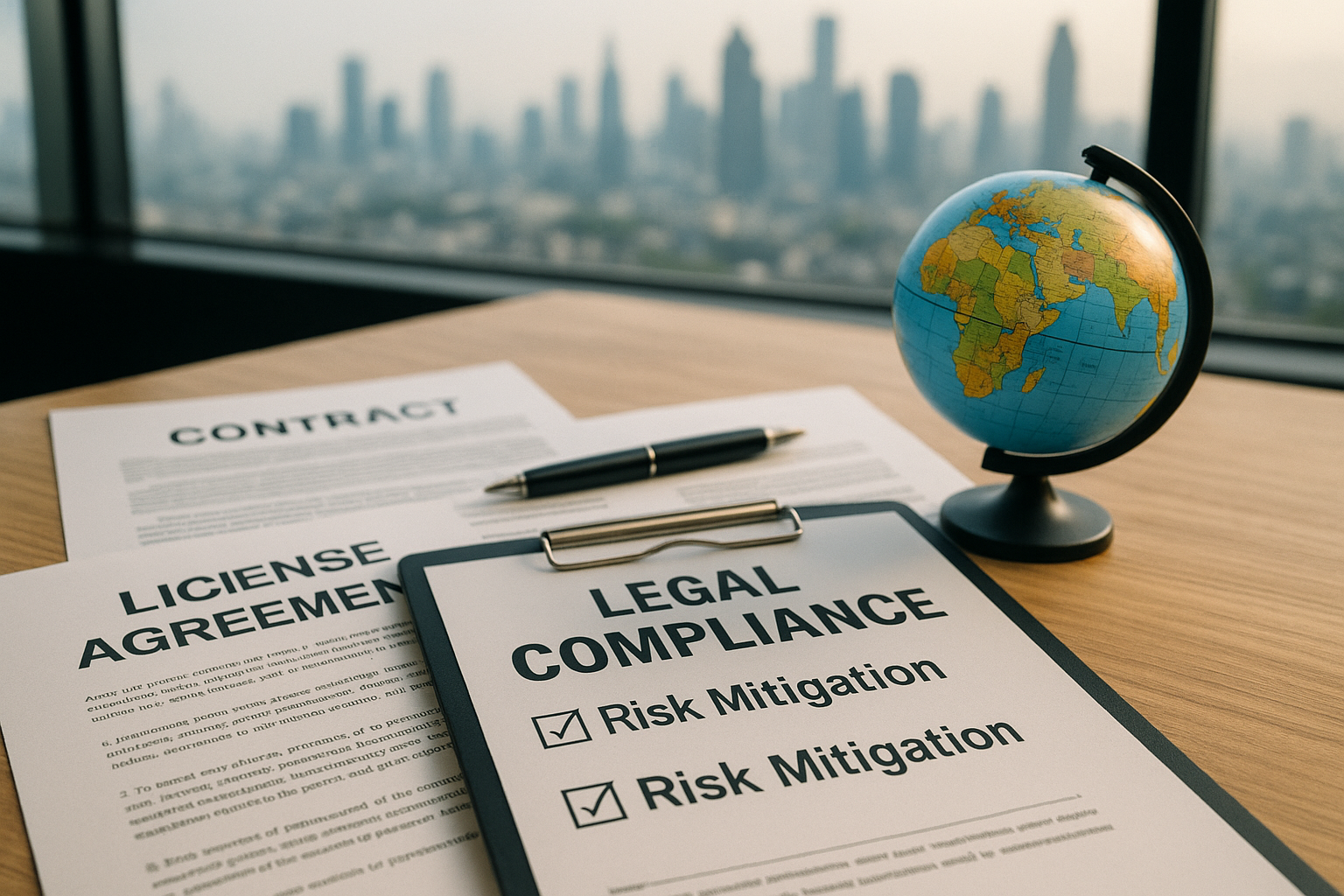 Clipboard with "Legal Compliance" and papers marked "Contract" and "License Agreement" on desk; globe to the right; cityscape view from ASC Consulting Limited office.