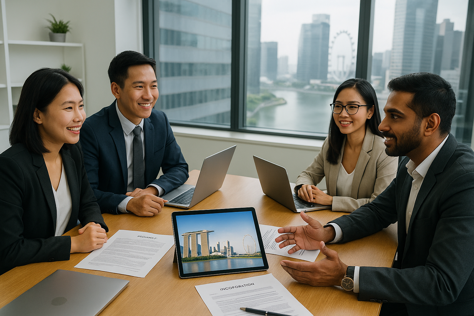 Four people at ASC Consulting Limited in business attire having a meeting at a table with laptops and documents. A cityscape is visible through the window. Smiling.